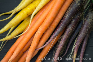 Carottes multicolores dans une salade asiatique aux carottes, radis et chou - La recette complète sur www.lavietoutsimplement.com